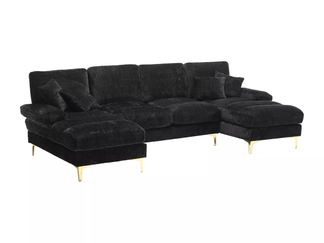 Canapé d'angle 4 places, 272x136x88cm,Grand canapé en forme de U, moderne, en tissu chenille, noir