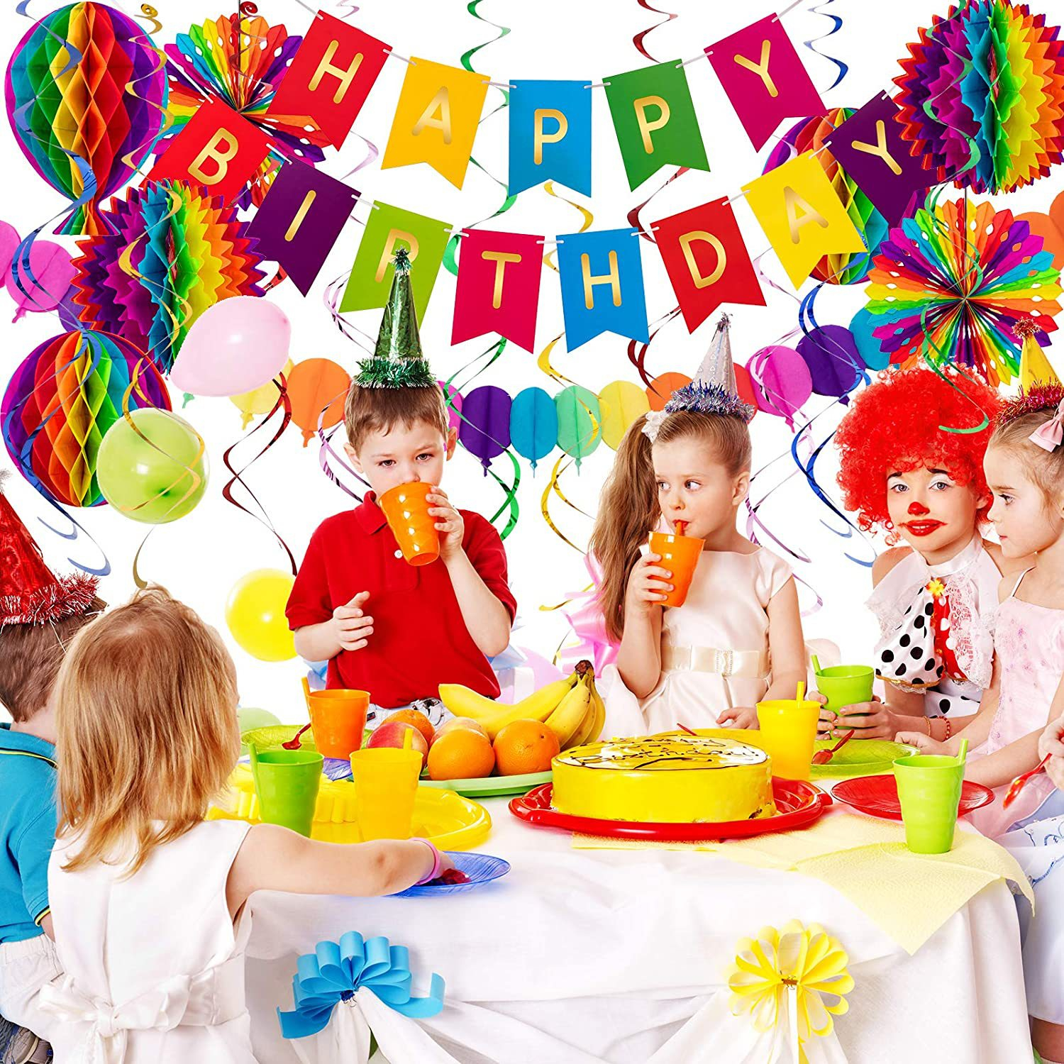 (37-tlg. Set) Happy Birthday Girlande Geburtstags Party Deko   Papier Wabenkugeln / Spiralen Girlanden - Bunt