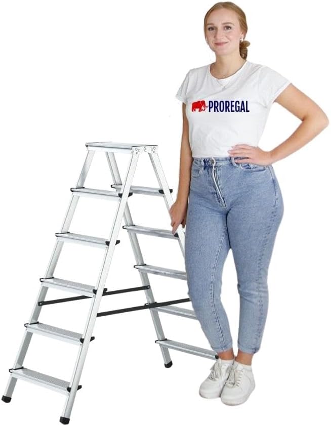 PROREGAL Economy Basic Trapladder, dubbelzijdig toegankelijk, 2 x 6 treden, werkhoogte 3,23 m, draagvermogen 125 kg