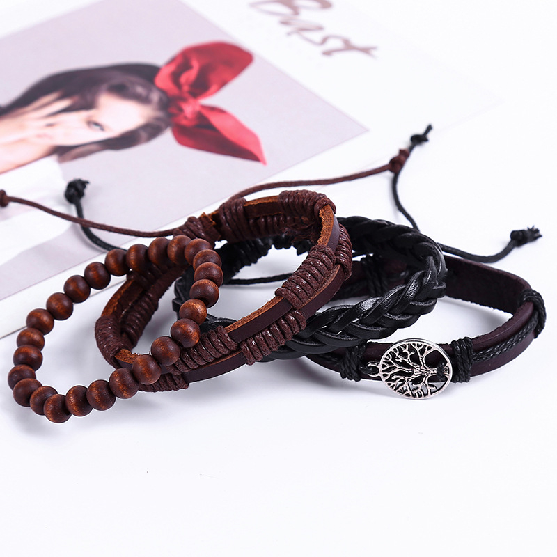 (4-tlg. Set) Mehrreihiges Leder Herren Armband Set Tree of Life - Schwarz / Braun