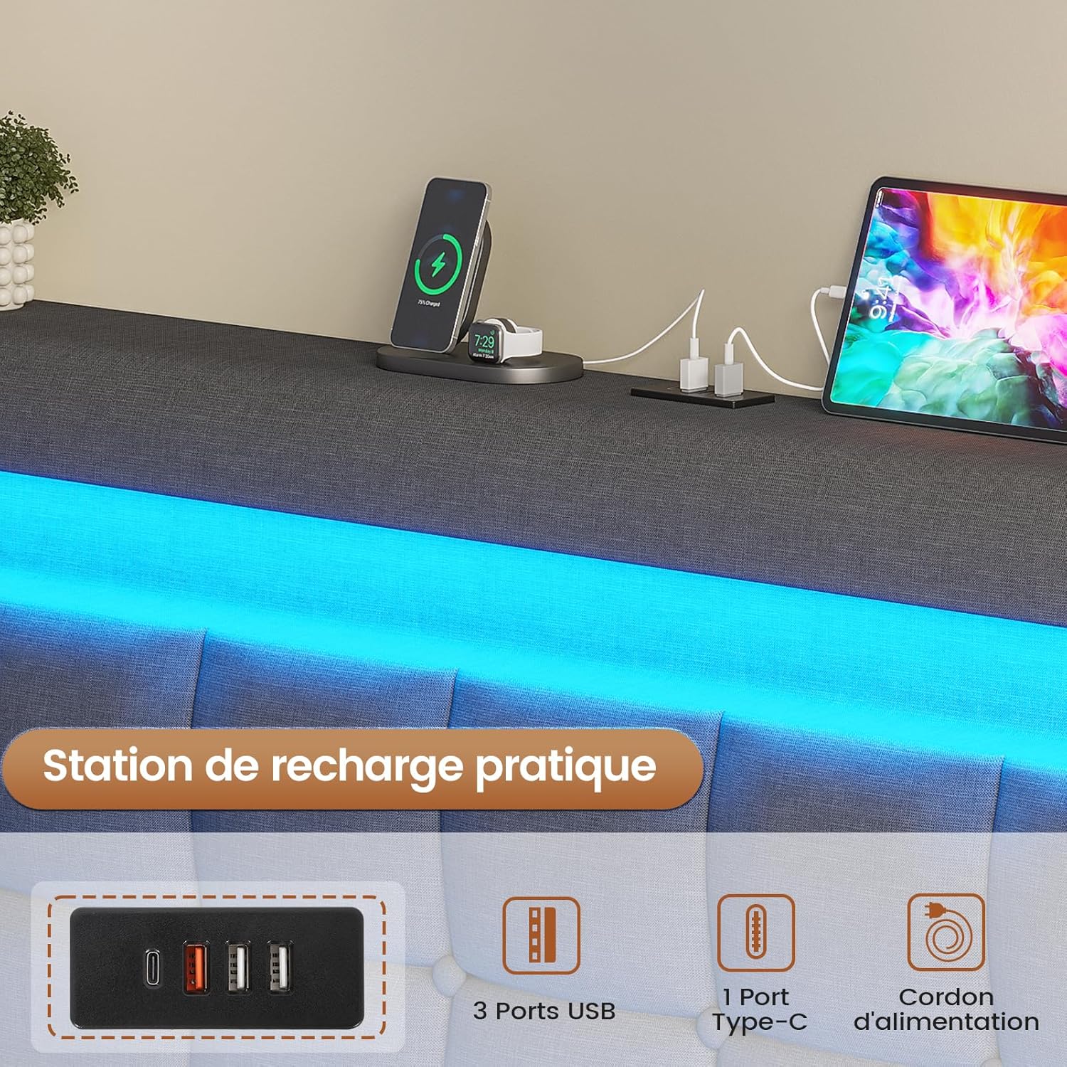 AOGLLATI Hydraulisch Stauraumbett 140×200cm, Polsterbett Doppelbett mit LED und USB-Ladefunktion, Funktionsbett Bettgestell mit Stauraum und Lattenrost, Linen,Ohne Matratze, Dunkelgrau