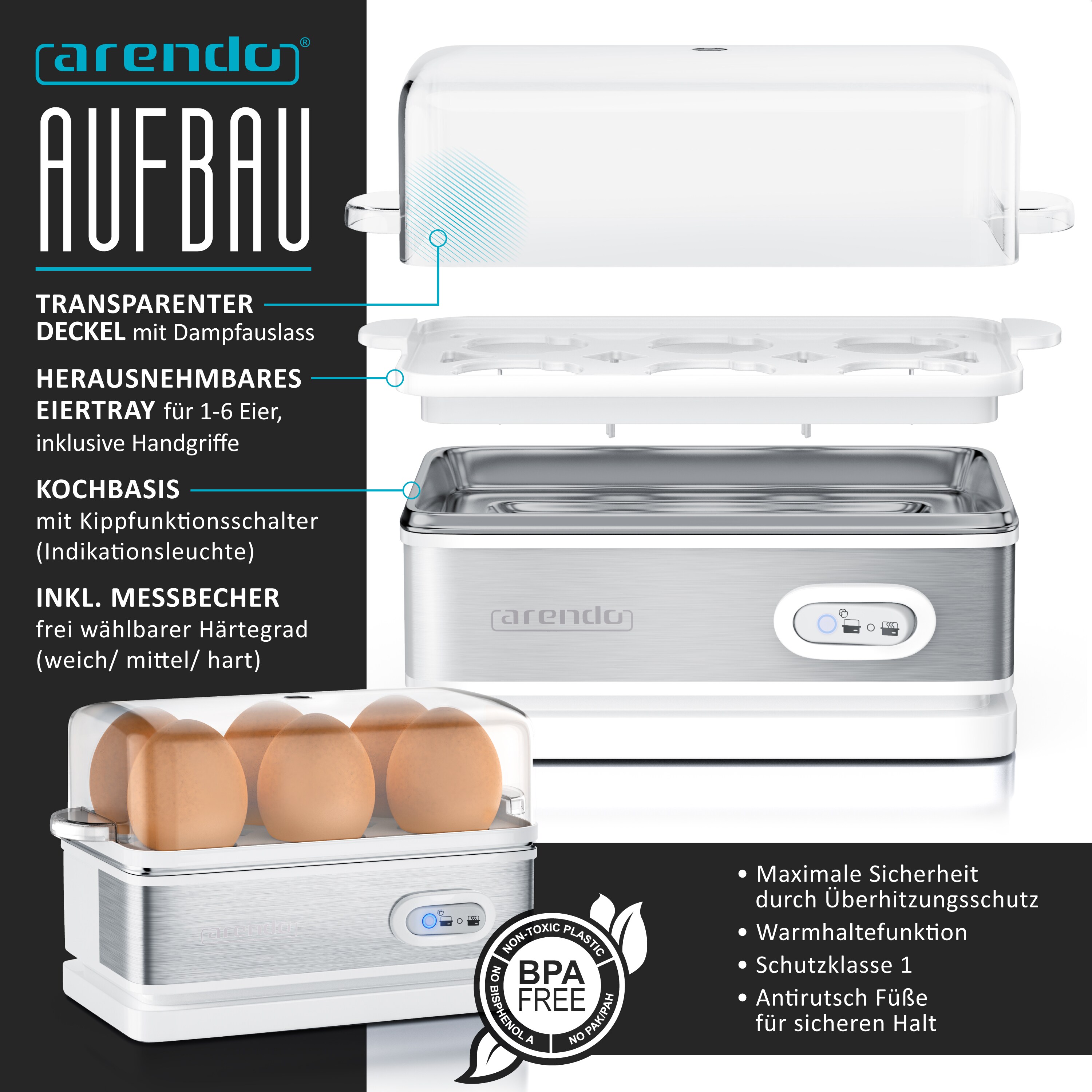 Arendo Frühstücks-Set in weiß - Wasserkocher / Toaster / Eierkocher