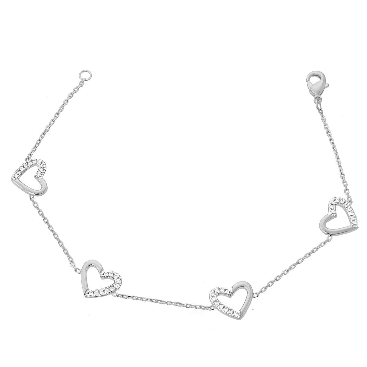 Bracelet 4 coeurs sertis d'oxyde de zirconium Argent 925 Rhodié