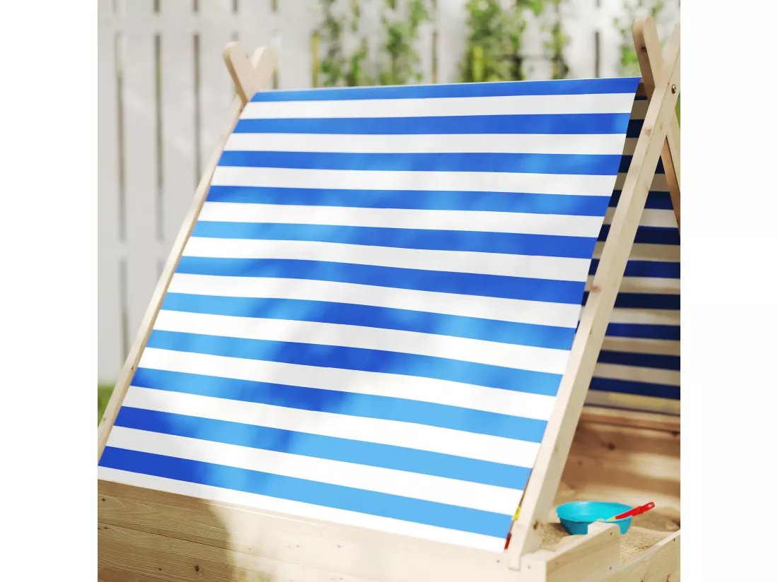 Bac à sable en bois avec toit refermable et doublure dim. 120 x 120 x 126,5 cm bois sapin