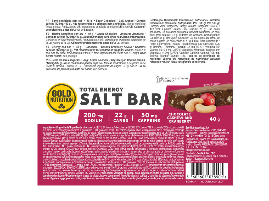BARRA TOTAL ENER GOLDNUTRITION SALT BAR CHOCO CAJU ARANDO 40G