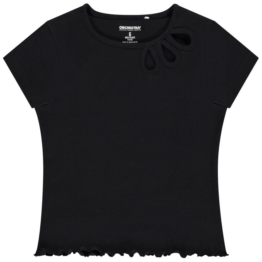 T-shirt manches courtes côtelé et ajouré pour fille - Noir