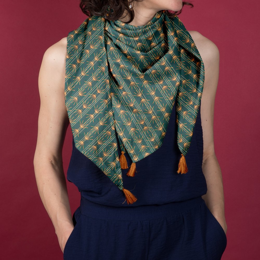 Foulard Pompon Eventail Or Vert