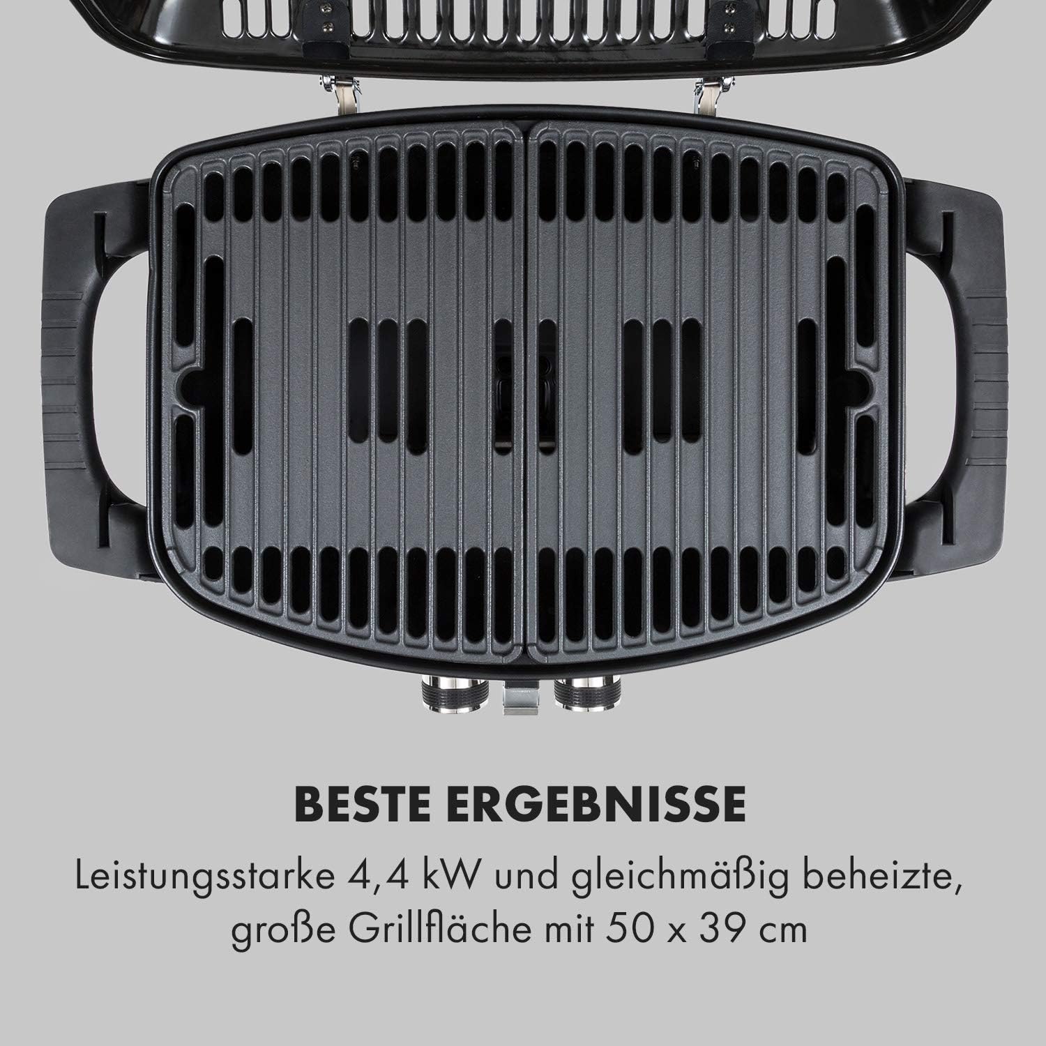 Klarstein Parforce Duo Gasgrill BBQ-Gasgrill mit 4,4kW - 2 Brenner, bis 300 °C, Gastyp: Butan/Propan, Edelstahl, 15000 BTU, elektrische Zündung, 50 x 39 cm große Grillfläche, Deckel, schwarz