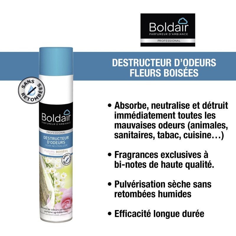 Désodorisant destructeur d'odeurs parfumant Boldair Fleurs boisées - Aérosol 500 ml