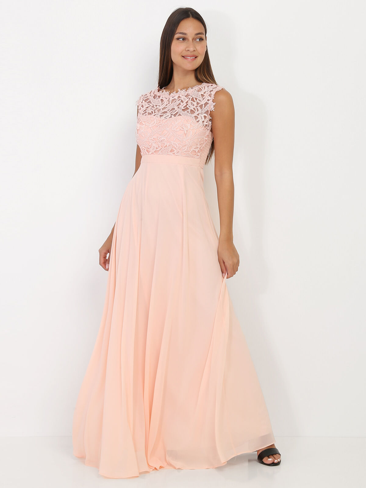 Robe longue à dentelle- Rose