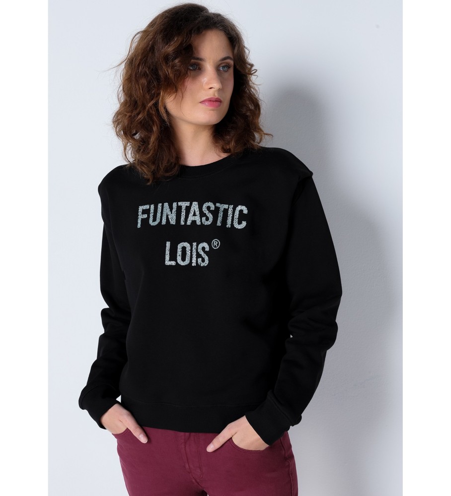 Blusa de moletom Lois com pregas nos ombros, preta.