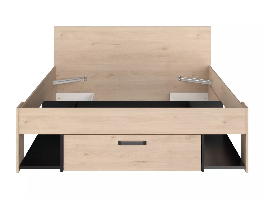 Lit 140 x 190/200 cm avec tête de lit et rangements - Coloris : Naturel et noir + Sommier - KINSELIA