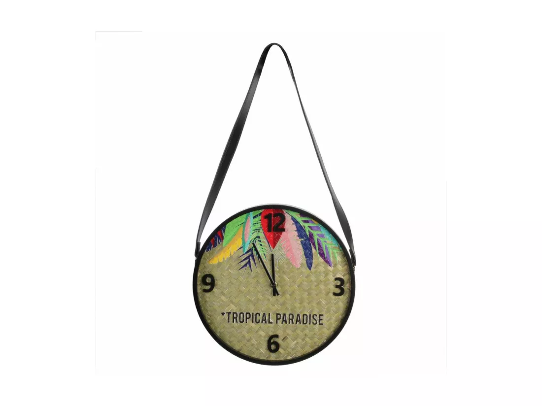 Horloge ronde motif exotique avec sangle - D 30 cm