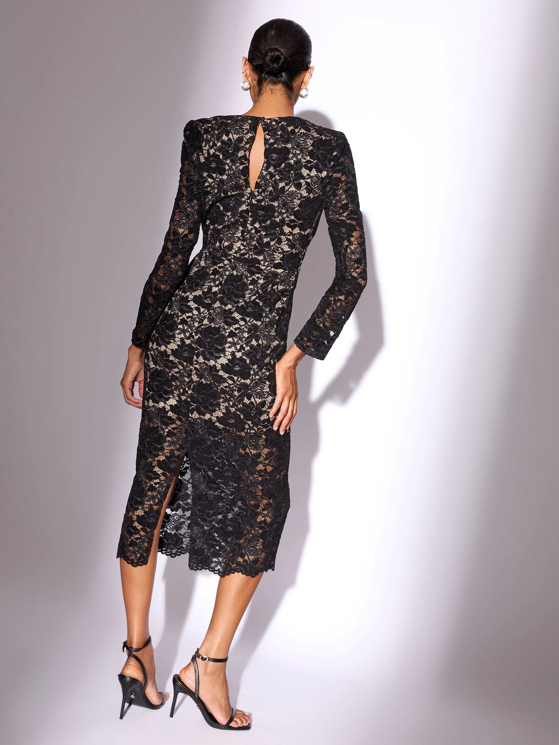 Lipsy Premium 3D bloemenprint kanten bodycon midi-jurk met lange mouwen