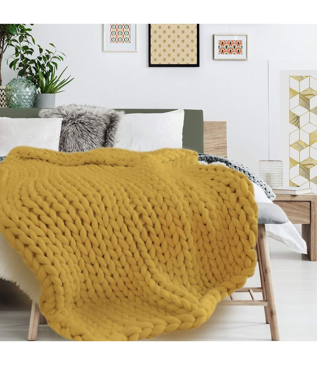 Plaid grosse maille en acrylique - 150x120 cm - Jaune