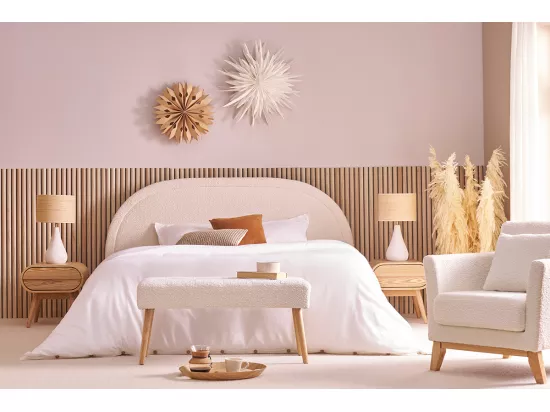 Banc scandinave capitonné en tissu effet laine bouclée blanc et bois clair L96 cm GUESTA