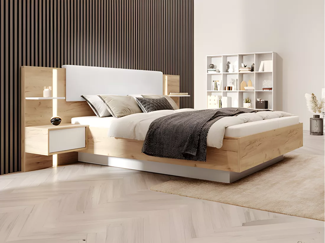 Lit coffre avec chevets 160 x 200 cm - Avec LEDs - Coloris : Naturel et blanc + Matelas - ELYNIA