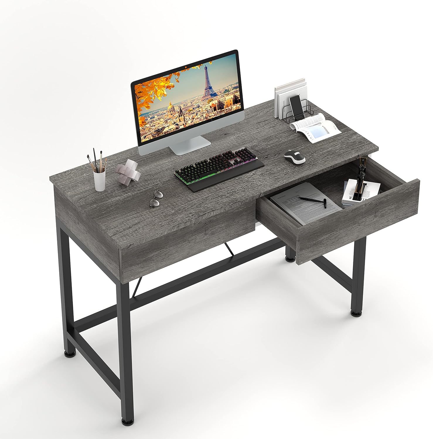 Schreibtisch mit 2 hölzernen Schubladen, Home Office Computertisch mit Lagerung, einfache moderne Kinder Schreibtisch, Arbeit Studie PC Tisch Officetisch für kleine Räume(Eiche Grau, 100x50x73cm)