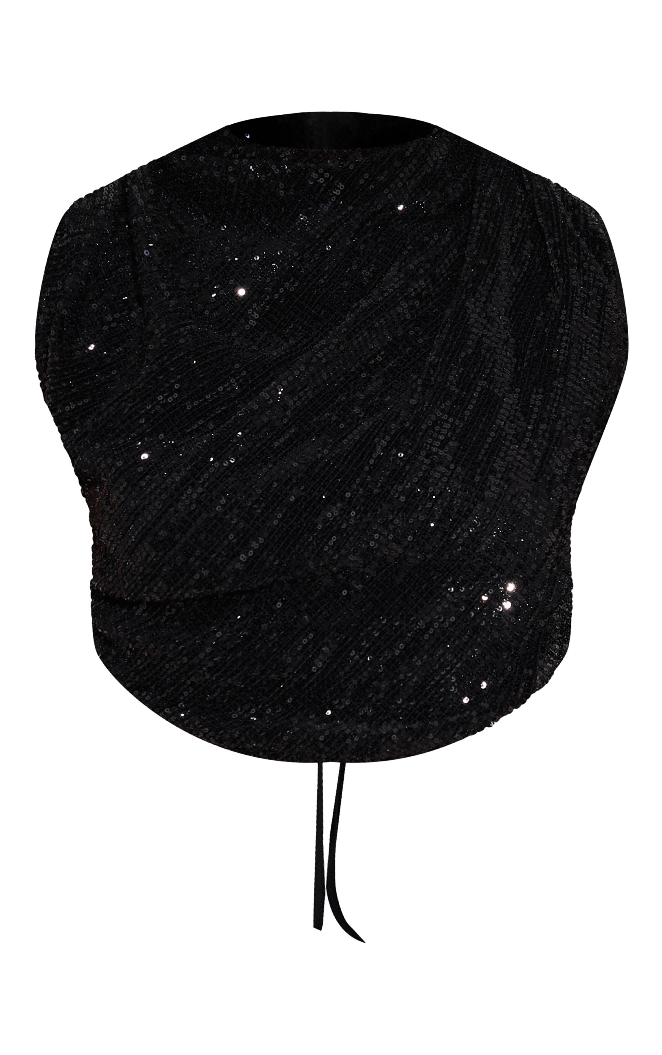 Noir Top Court Col Montant Drapé À Paillettes Avec Dos Noué
