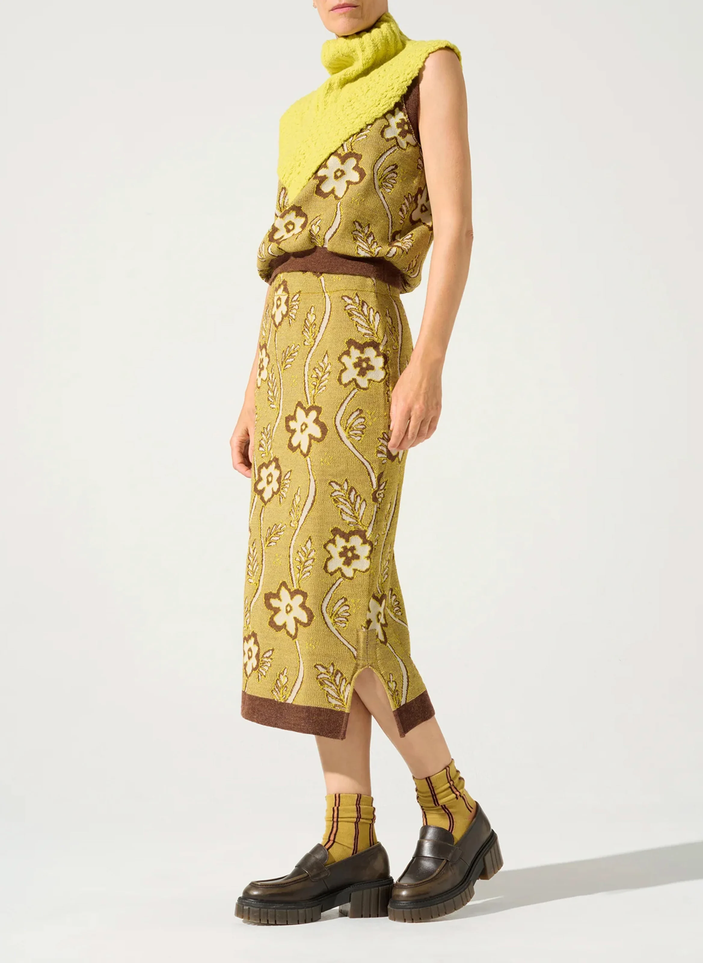 Jupe midi tube en jacquard | Jaune
