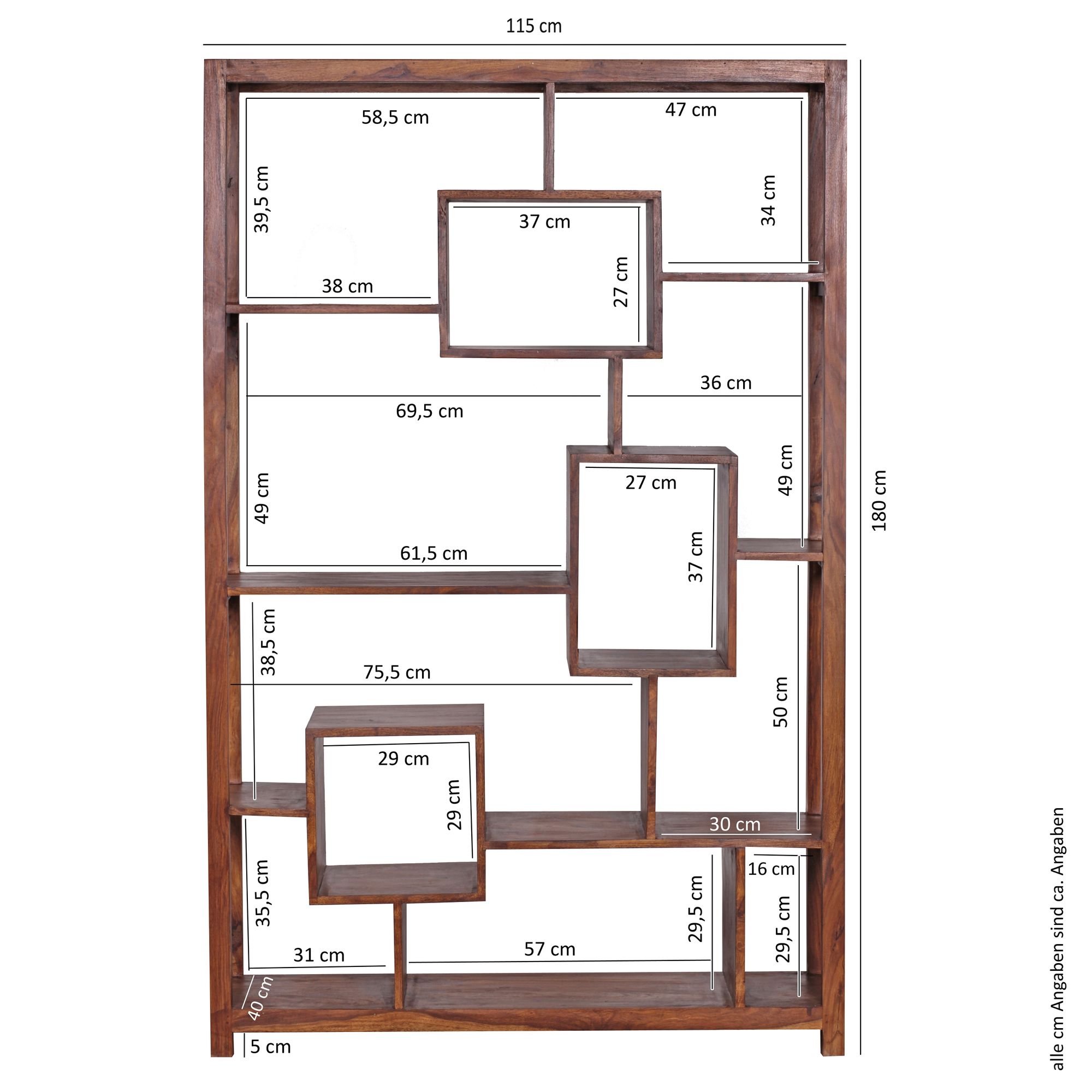 KADIMA DESIGN Bücherregal aus Sheesham-Holz, 115x180 cm, Landhaus-Stil, Ablagefächer