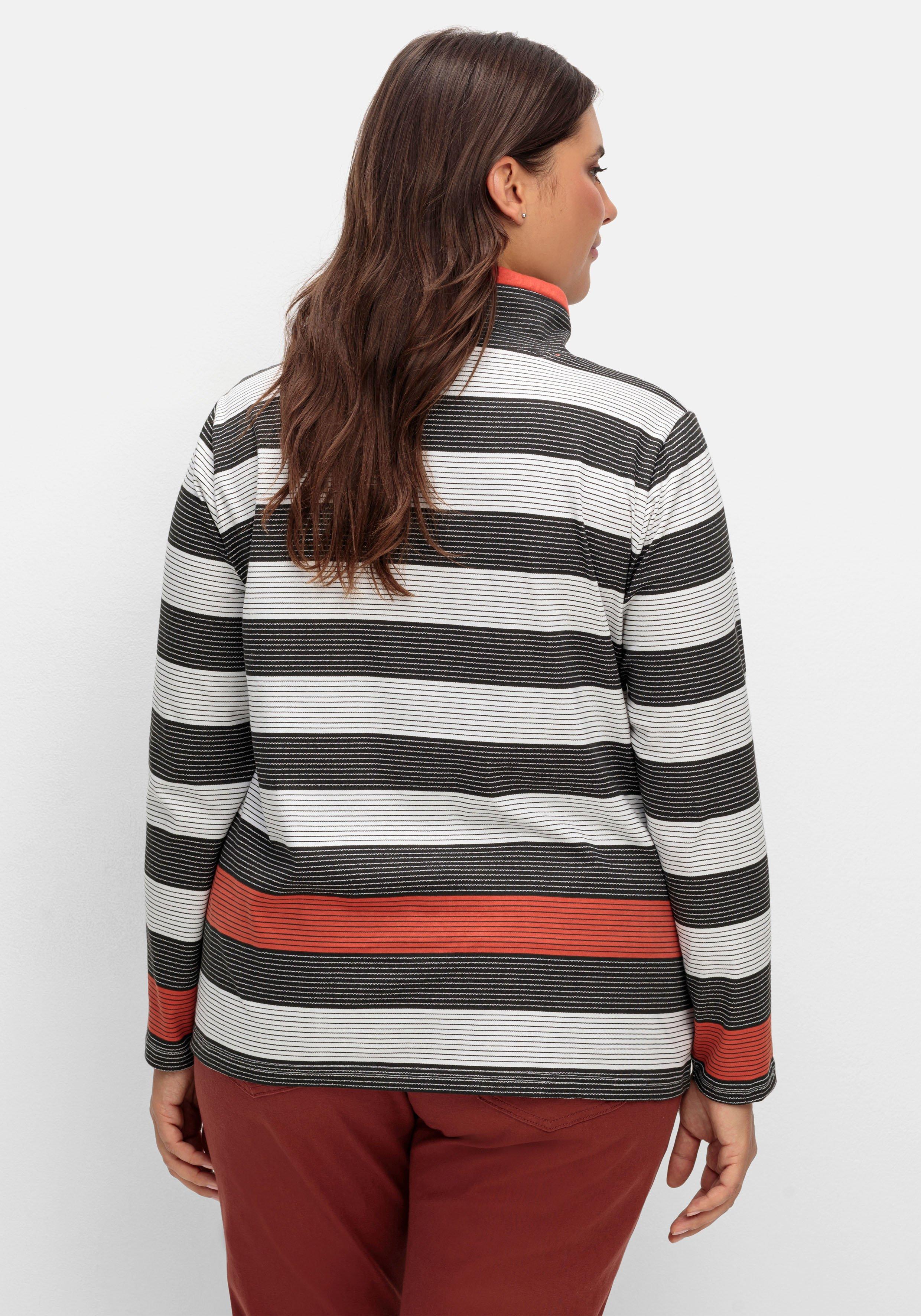 Stehkragenshirt mit Blockstreifen und Kontrastband