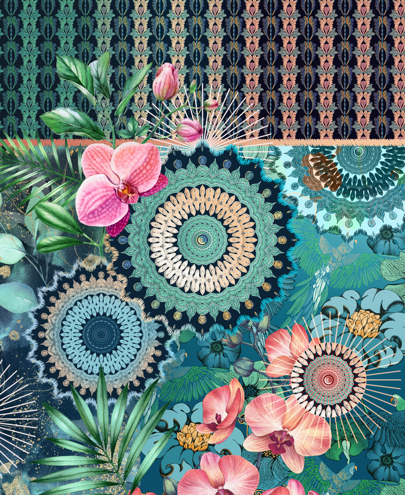 Plaid - petrol-bunt - Mandalas und Blumen - 130x160 cm