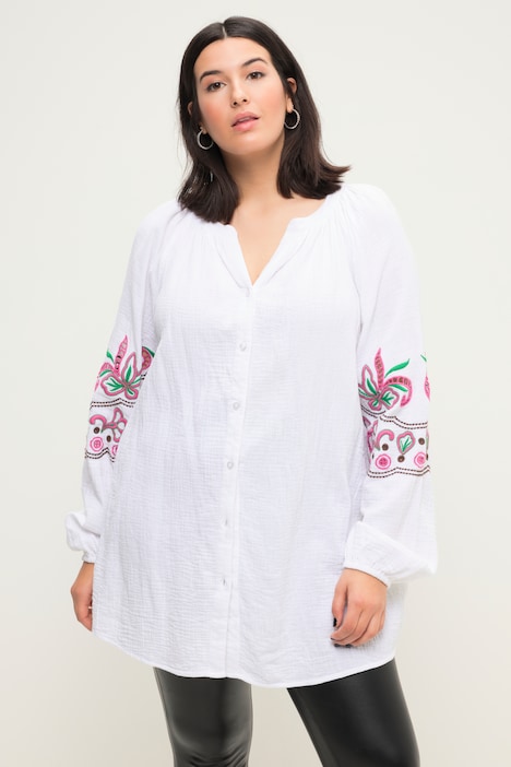 Musselin-Bluse, oversized, Tunika-Ausschnitt, Stickereien