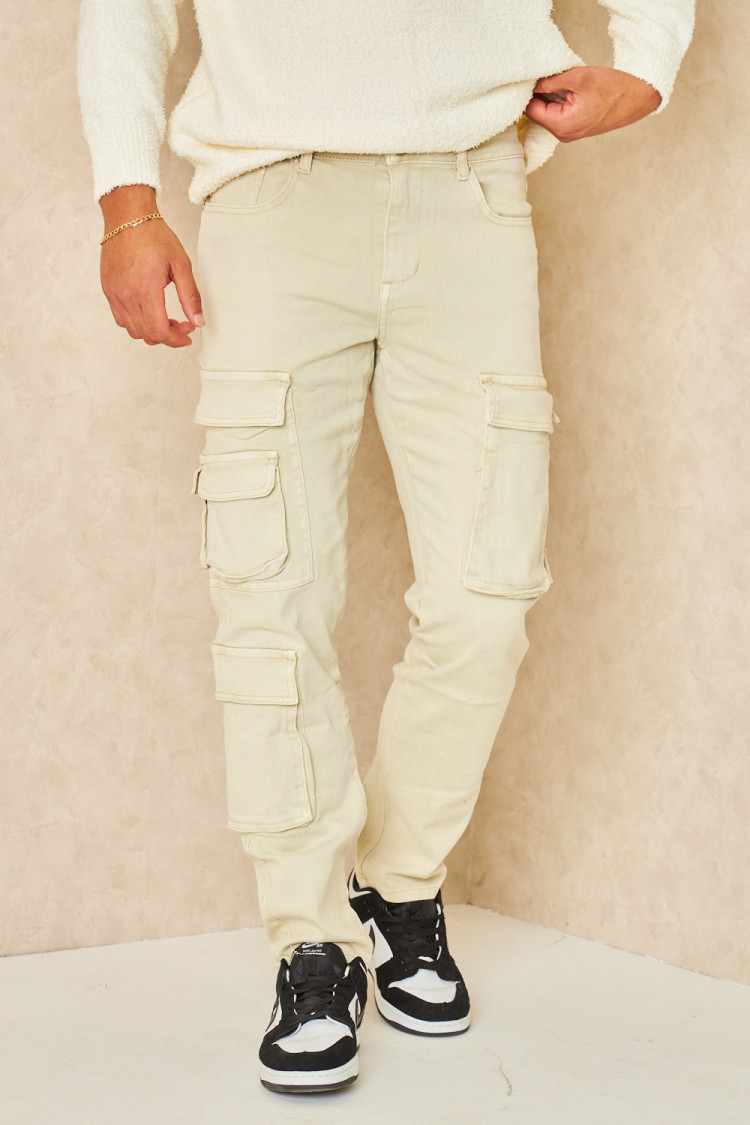 Jeans beige coupe droite à poches cargo