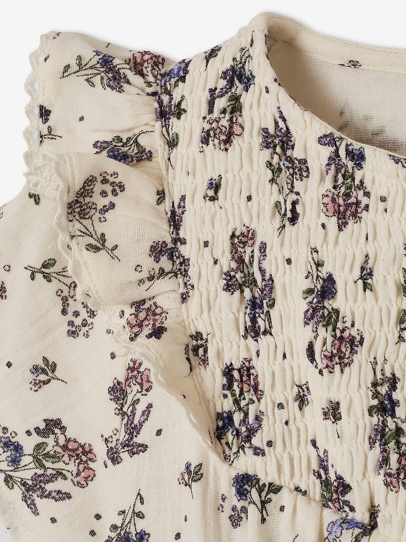 Vestido com detalhes franzidos e motivos florais, para menina, estampa bege claro