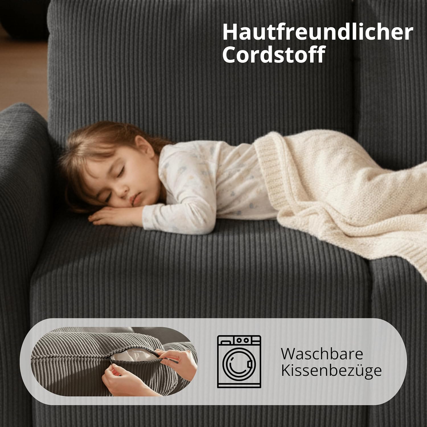Modulares Ecksofa 245cm, modernes Cord-Schlafsofa in L-Form, 5 Sziter individuell konfigurierbare Wohnlandschaft, hochdichter Memory-Schaum, abnehmbare & waschbare Kissenbezüge, Grau