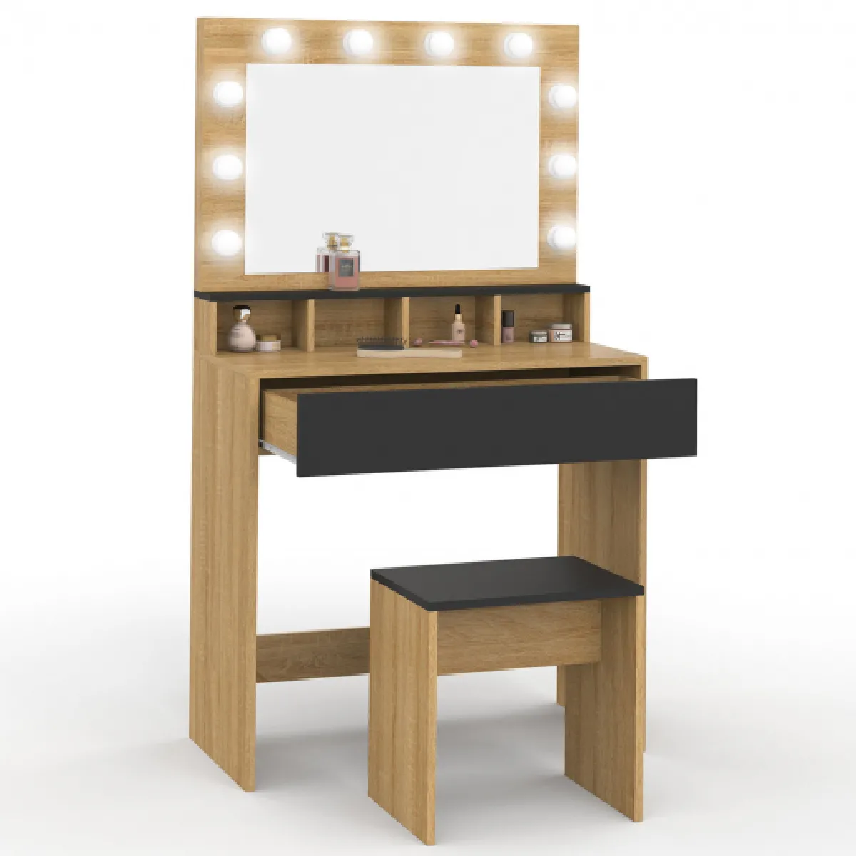 Idmarket Coiffeuse ZELIA hêtre et noir LED