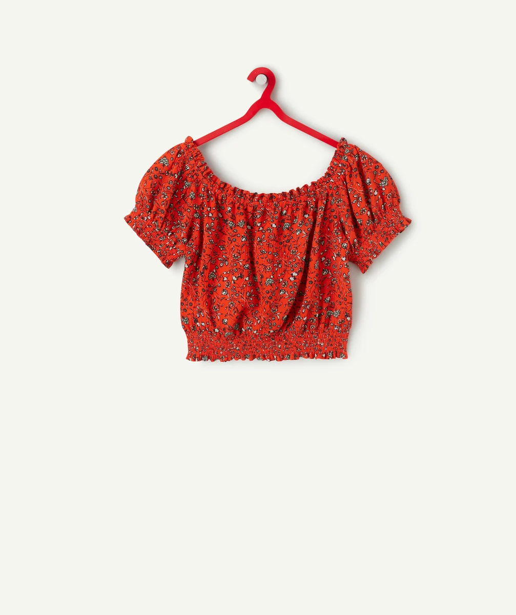 top élastiqués fille en viscose responsable rouge imprimé à fleurs