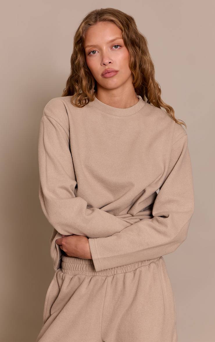 Taupe Sweat-shirt Côtelé Brossé À Manches Longues