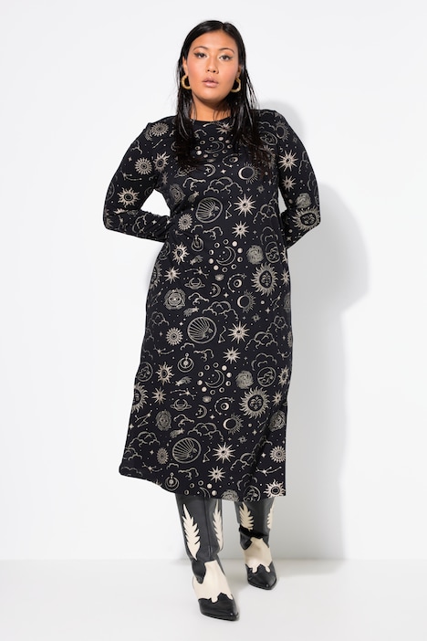 Jersey-Midikleid, A-Linie, Astro-Muster, Langarm