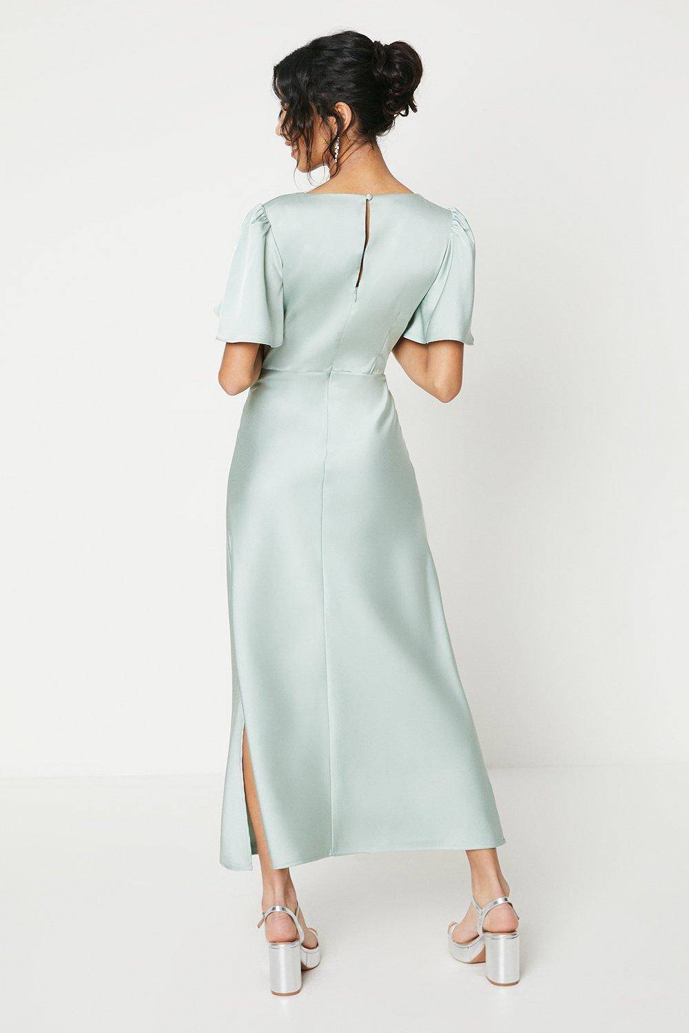 Oasis Robe de Demoiselle d'Honneur Mi-Longue en Satin avec Manches Ange Torsadées