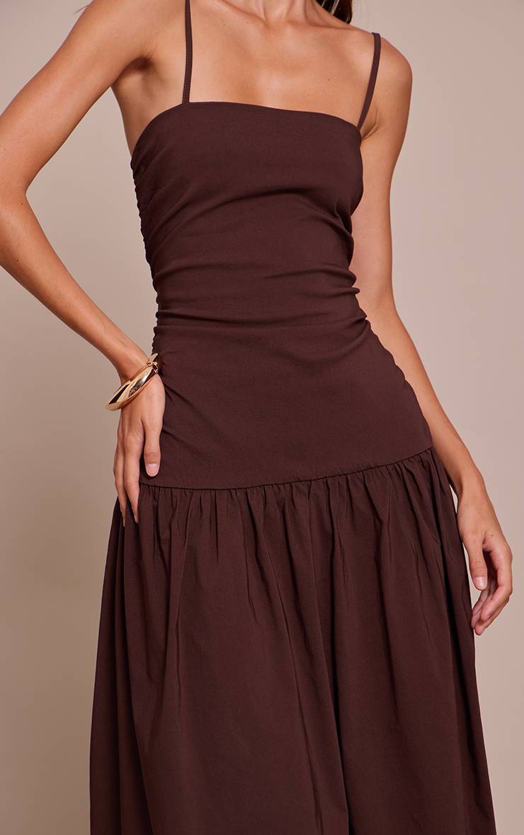 Chocolat Robe Longue Froncée À Bretelles En Tissu Extensible