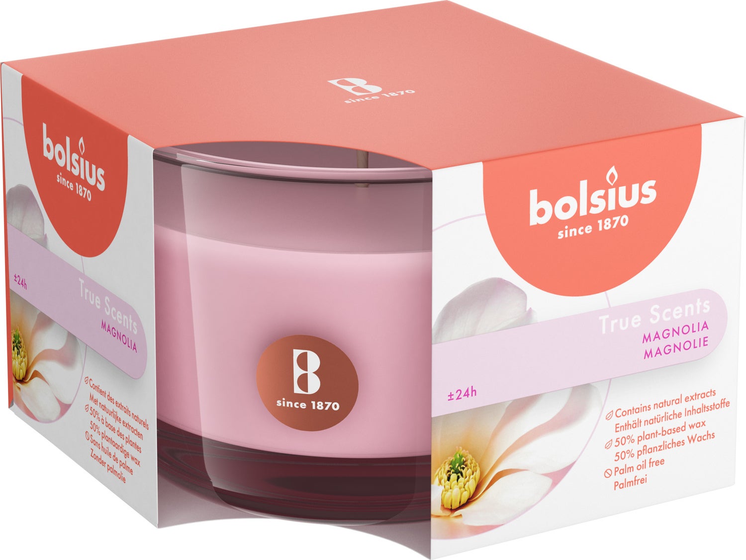Bolsius geurkaars True Scents Magnolia roze 24 uur 9,2 x 9,4 x 6,6 cm