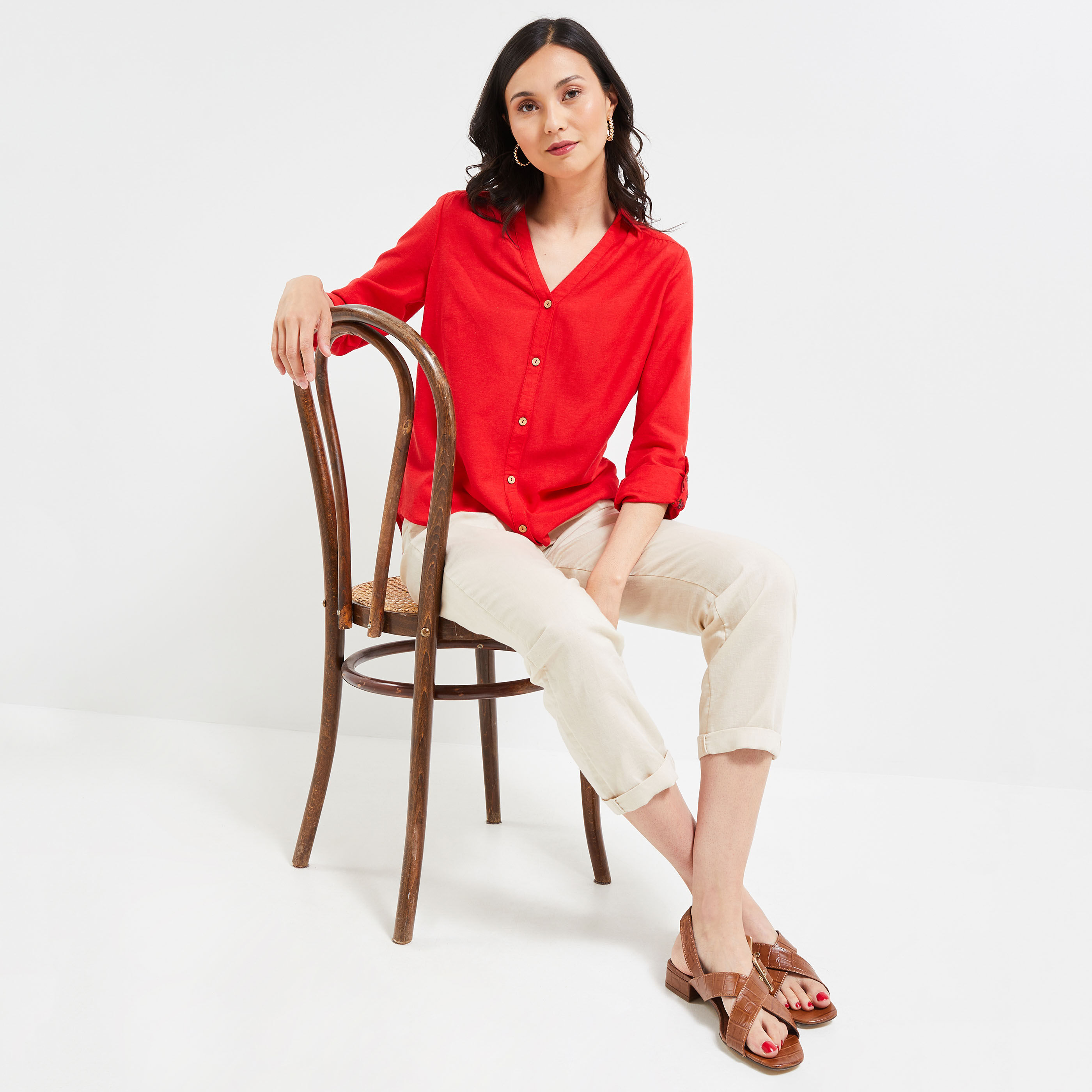 Chemise manches longues unie femme - ROUGE