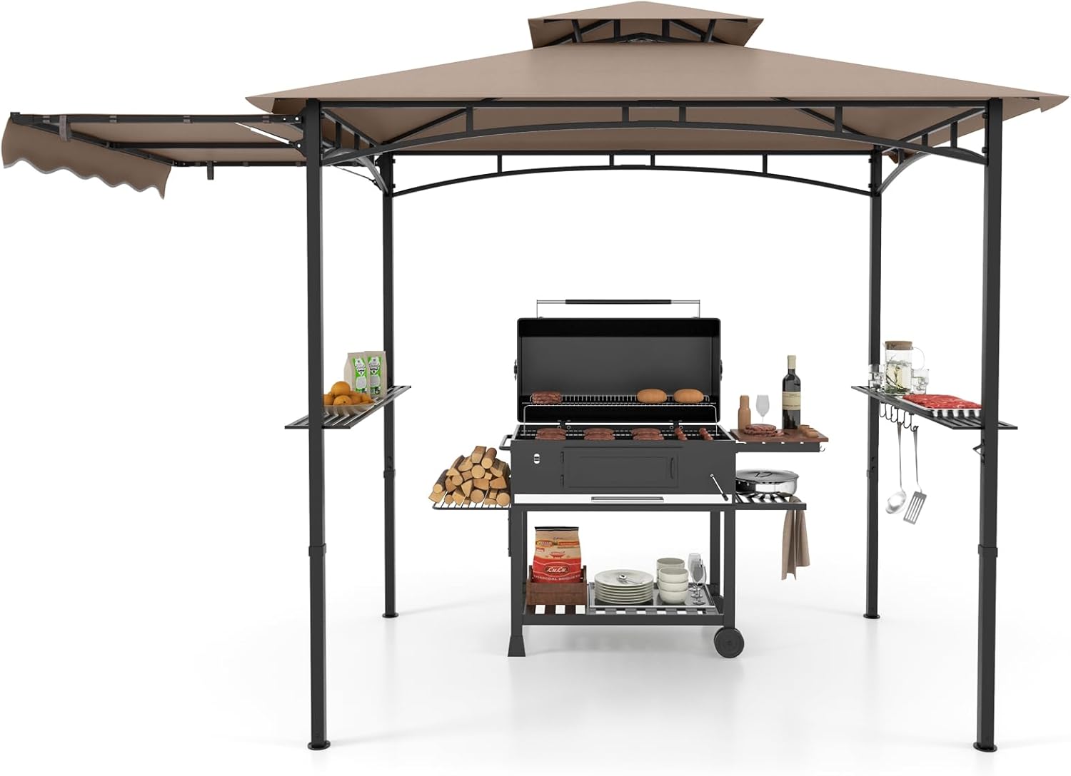 COSTWAY Grillpavillon mit Seitenmarkise, Doppeldach, 2 Seitenregalen & Haken, Gartenpavillon BBQ Pavillon, Grillüberdachungen wetterfest, Grillunterstand Garten Partys, 318x153x250 cm (Braun)