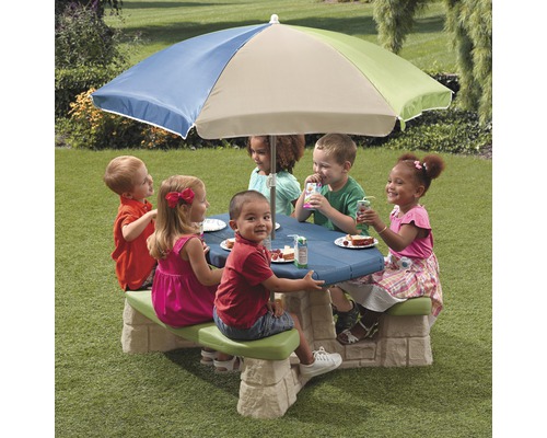 Kinderpicknicktafel Step2, kunststof met parasol, 109x104x52 cm, groenblauw