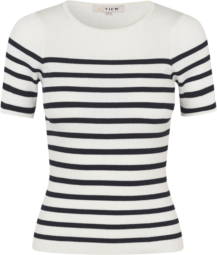 A-VIEW Rib stripe short sleeve top White/navy