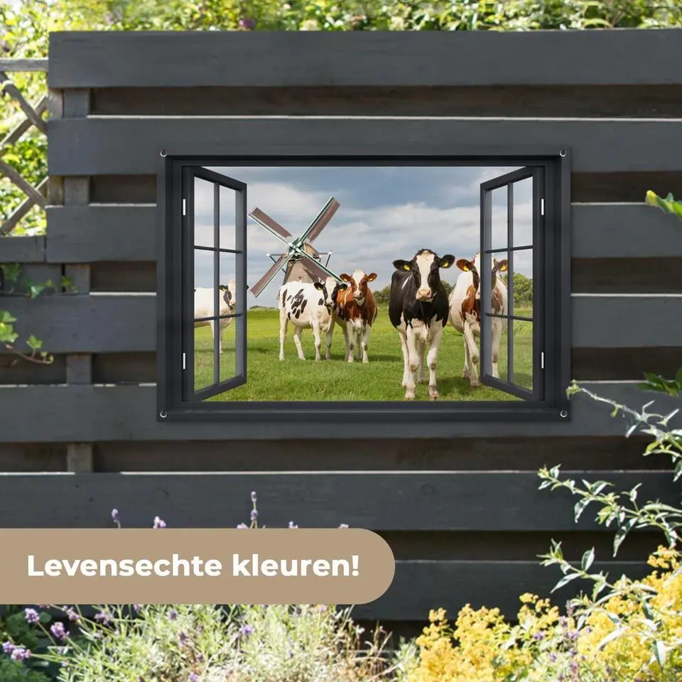 MuchoWow Tuinposter 120x80cm Doorkijk Koe Molen Koeien