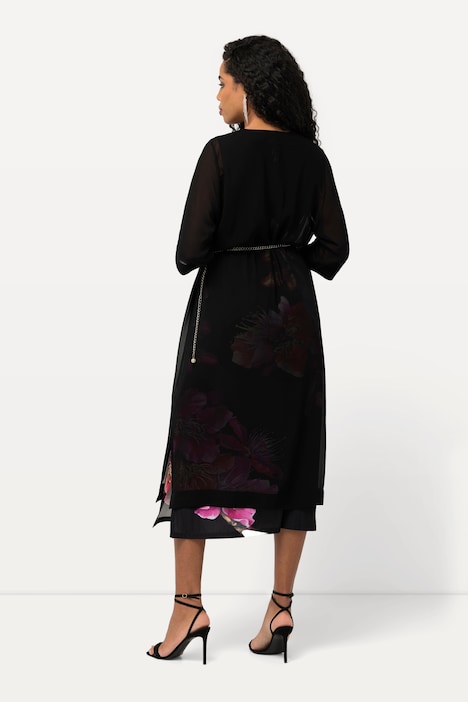 Chiffon-Longjacke, A-Linie, Schmuckgürtel, offene Form, 3/4-Arm