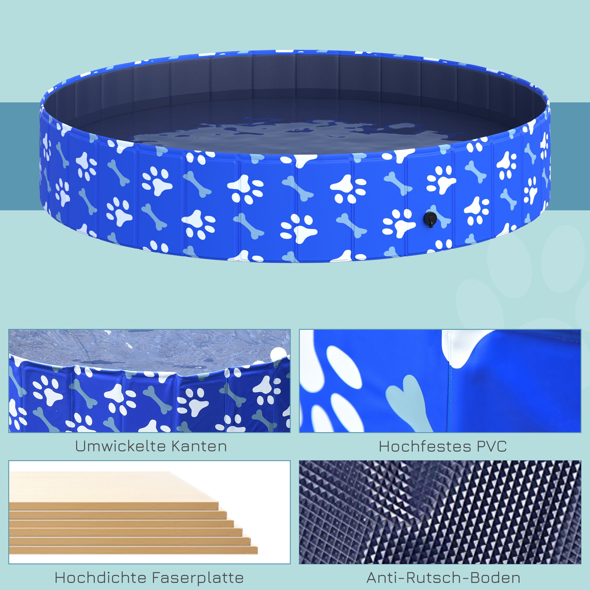 PawHut Hundepool mit Wasserablassventil blau Ø160 x 30H cm