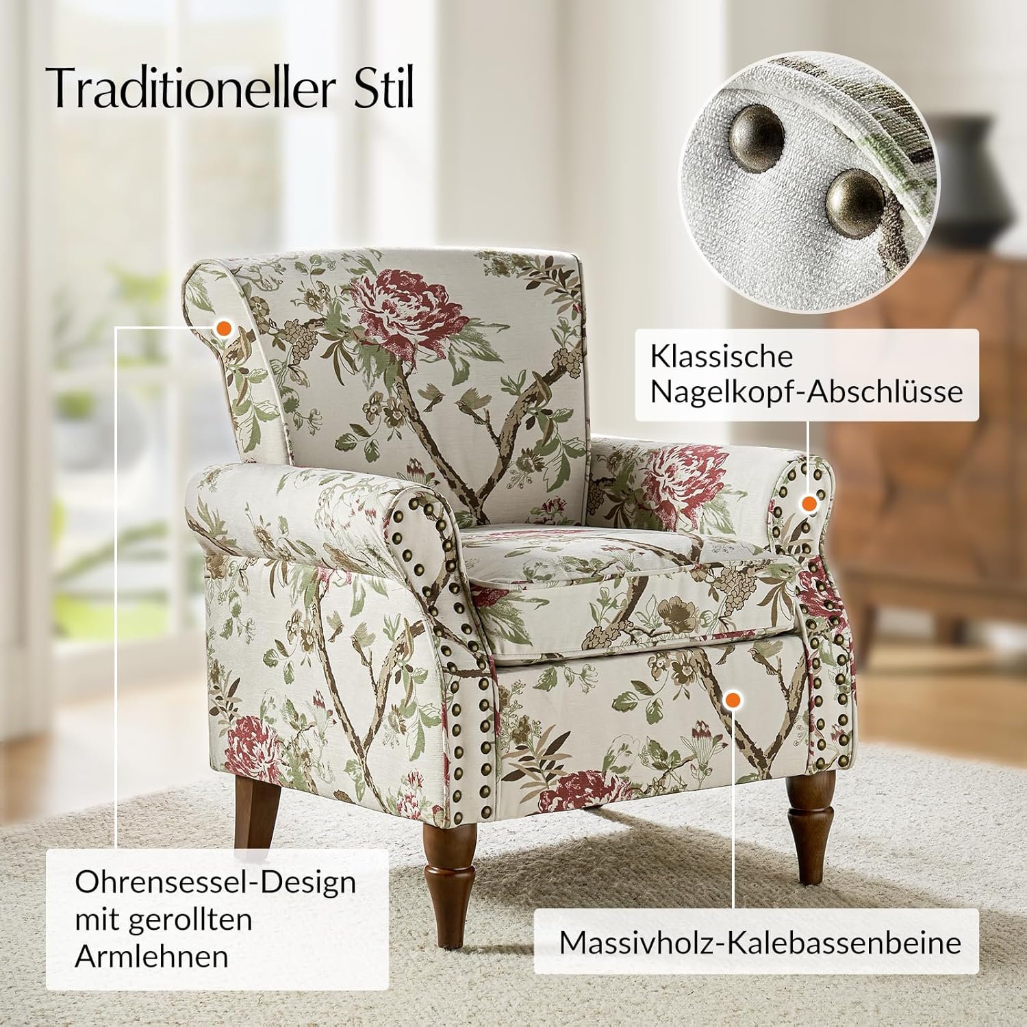 HULALA HOME Sessel gemütlich Ohrensessel Lesesessel bequem mit gerollten Armlehnen und Rücken Massivholzbeinen und Blumenmuster für Wohnzimmer Schlafzimmer, Weiß