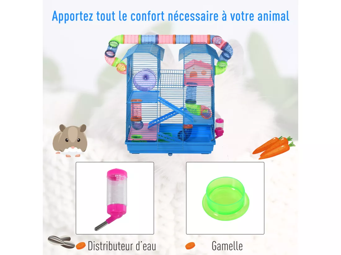 Cage pour Hamster Souris Petit Animaux Rongeur avec Tunnel Mangeoire Roue Jouet 47 x 30 x 59 cm cm Bleu