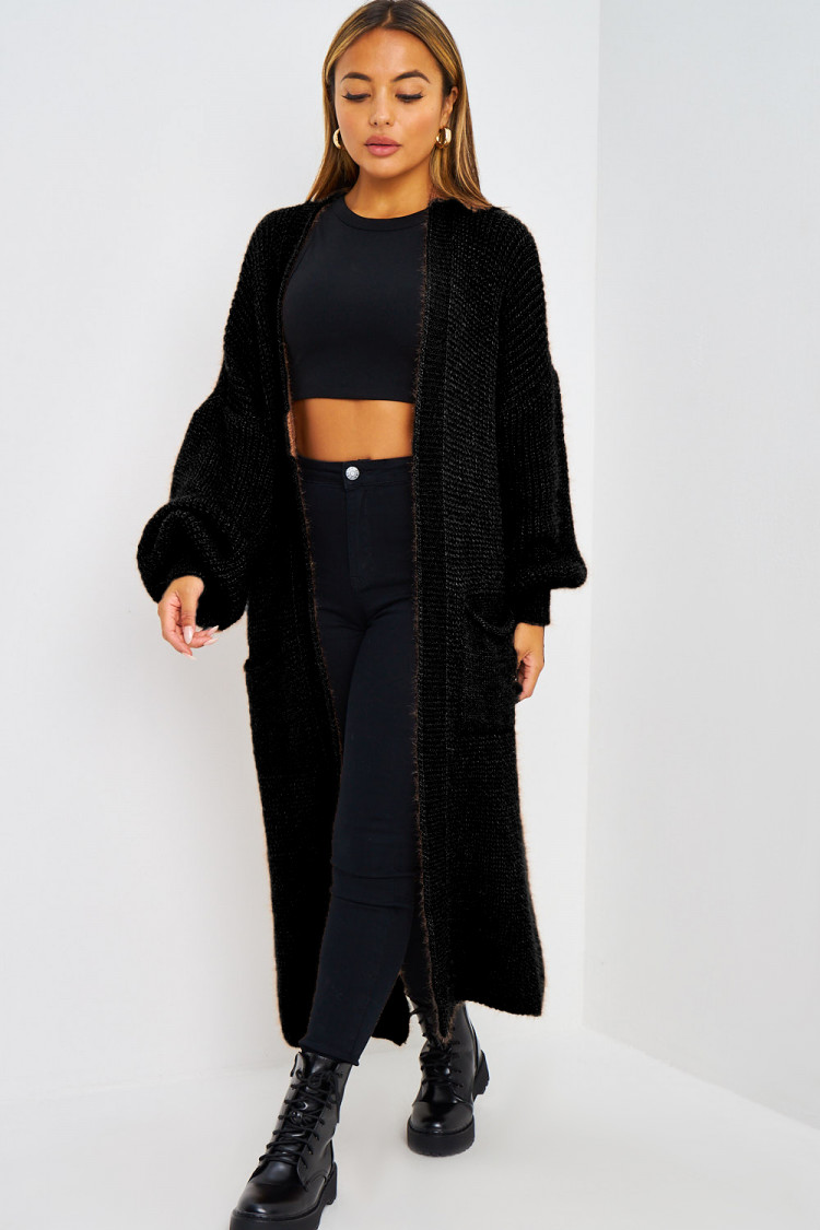 Gilet long pailleté noir en mailles