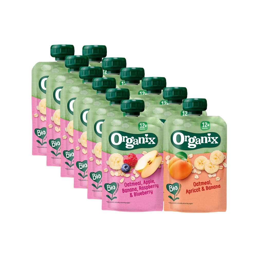 Knijpfruitpakket 12+m Haver - Havermout Abrikoos & Banaan 6x 100 gr & Havermout Appel Banaan Framboos & Bosbes 6x 100 gr - Pakket Pakket