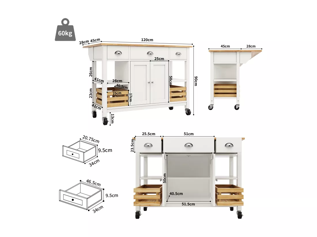 Ilot central de cuisine - chariot à roulette avec plateau extensible - 3 tiroirs et 2 portes - Blanc